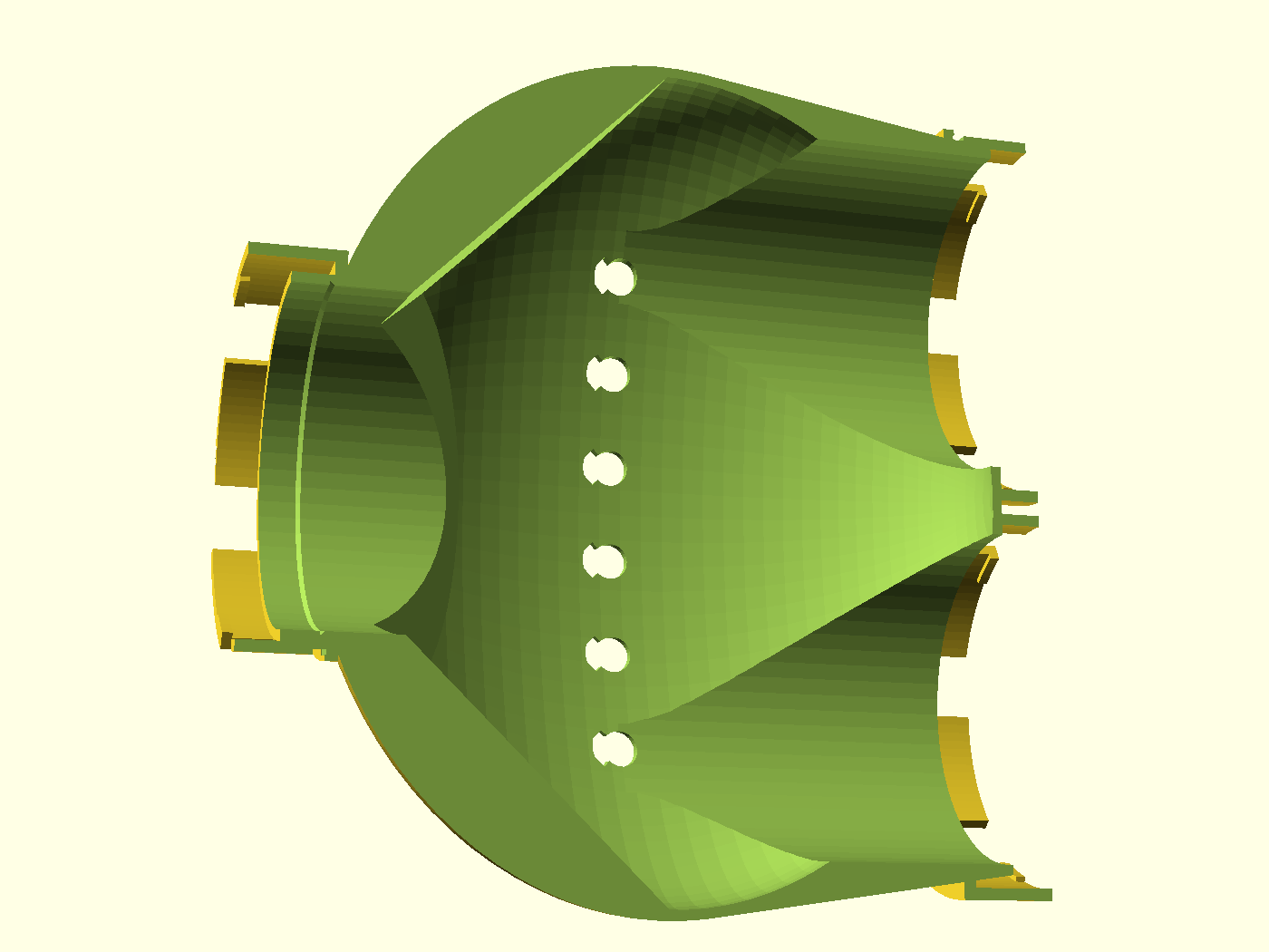 Section through both bed-port axes — bores, web, dish, and the crown port's
tube rising through the frame