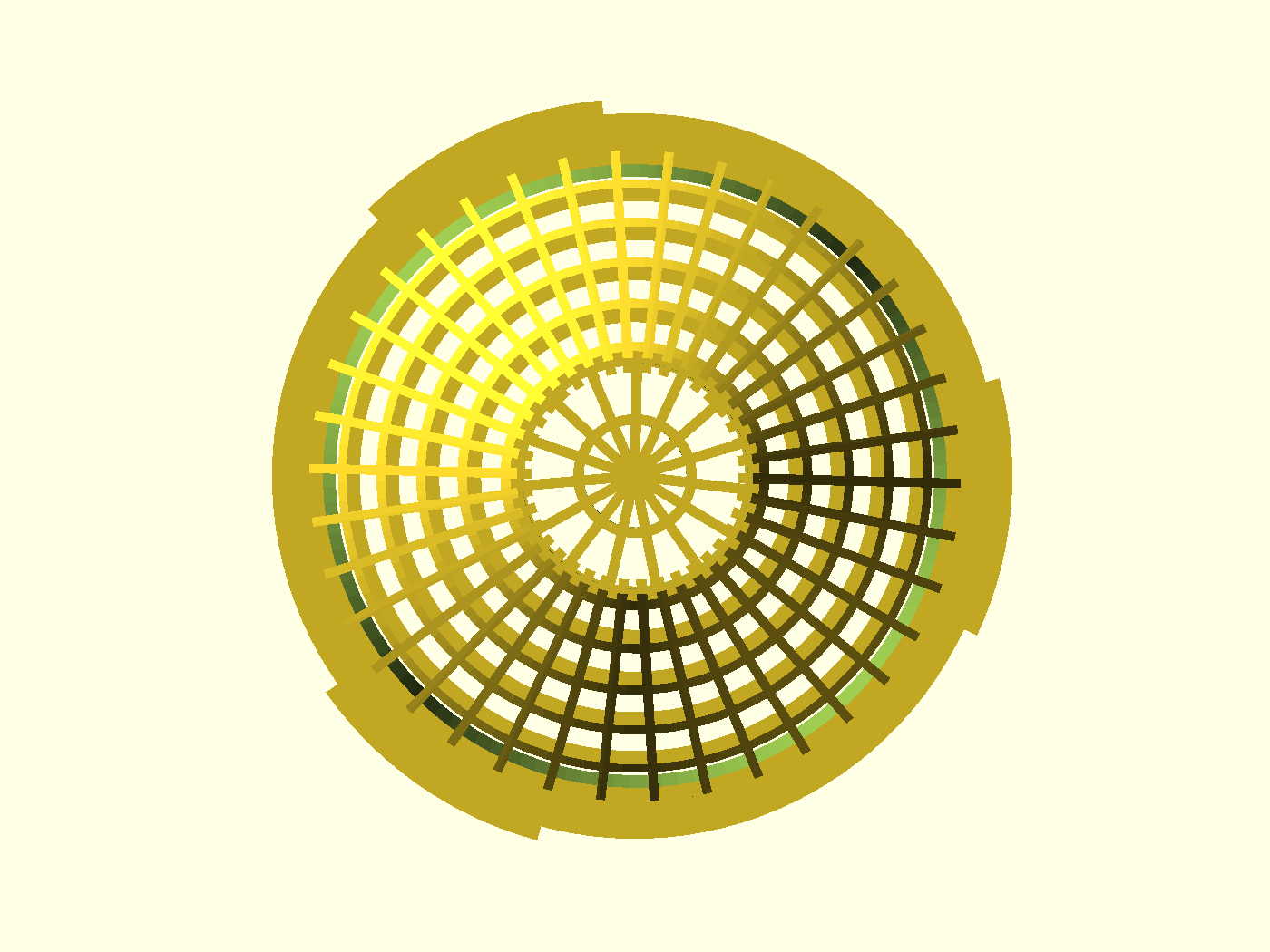 The lattice from above: crown disc, 15 spokes, 38 ribs