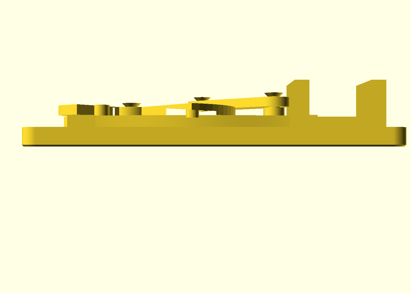 Plan view: jaws, rails, mounts per the spec above — too fine to read here